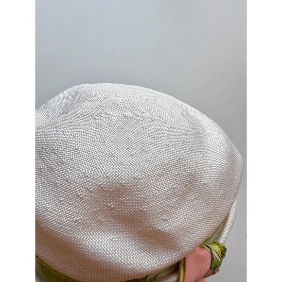 Vintage White Basketweave Green Pink Satin Twill Tie Bucket Hat - Picture 8 of 16